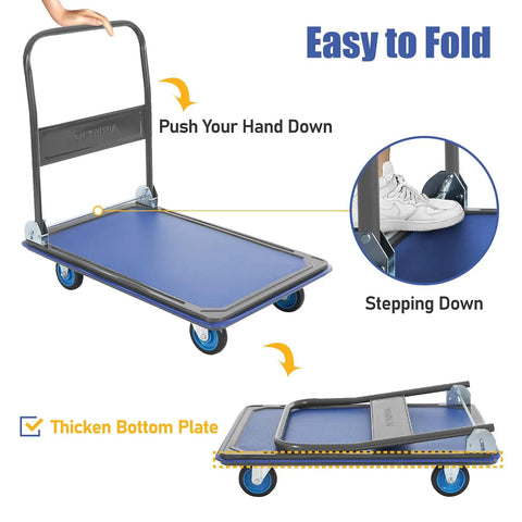 Foldable Push Cart Dolly With 600 Lb Capacity Heavy Duty Platform Truck 360 Degree Swivel Wheels Flatbed Steel Cart For Home Garage And Shop Easy Fold Flat For Storage Blue, folded and flat