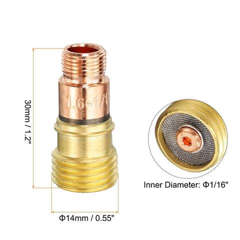 Gas Lens Collet Body 17GL116 One Sixteenth Inch TIG Welding Torch Consumables Kit copper, side view with dimensions