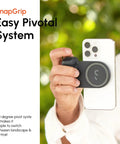 SnapGrip Pro Phone Camera Grip And Magnetic Power Bank With Qi2 Wireless Charging MagSafe Compatible Shutter Button All Phones Tabletop Dock Midnight Edition in use showing easy pivotal system.