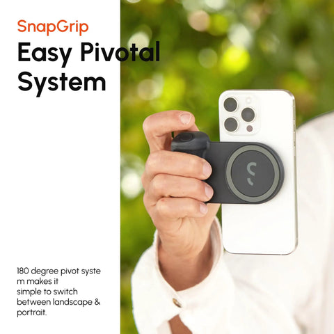 SnapGrip Pro Phone Camera Grip And Magnetic Power Bank With Qi2 Wireless Charging MagSafe Compatible Shutter Button All Phones Tabletop Dock Midnight Edition in use showing easy pivotal system.