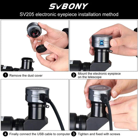 Diagram showing installation steps for Astrophotography Camera For Beginners With 7.05MP IMX415 Sensor 1.25 Inch USB 3.0 CMOS Telescope Camera No Fuss Setup Plug And Play Real Time Viewing Low Light Enhancement MJPG Video Electronic Eyepiece For Sky Watching And Planets.
