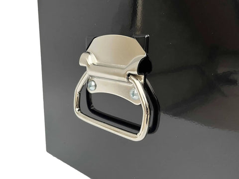 Close-up of handle on Beefy Two Drawer Portable Metal Tool Chest Cabinet With Ball Bearing Drawer Slides And 26 Inch Steel Storage Box Organizer