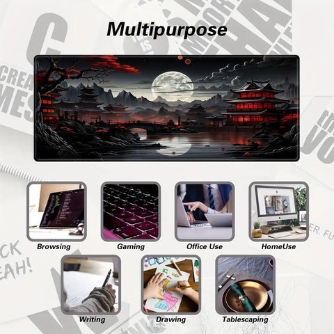 Full Moon Beefy Large Desk Pad For Gaming Setup Extended Mouse Pad With Non Slip Rubber Base Black And Red 11.8 By 31.5 Inches Ideal For Keyboard Mouse And Laptop Smooth Surface For Accurate Tracking And Comfortable All Day Use displaying multipurpose uses including gaming, office, and home use.