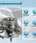 Front Wheel Bearing Hub Assembly 4WD Compatible With GM Trucks And SUVs Including Silverado Tahoe Avalanche Suburban Express 1500 2500 Sierra Yukon XL Escalade ABS in front of a car showcasing product features.