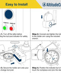 Illustration showing installation steps for Dial Indicator Lathe Tool Post Holder With.0005 Inch Precision on lathe tool post.