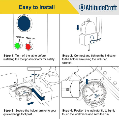 Illustration showing installation steps for Dial Indicator Lathe Tool Post Holder With.0005 Inch Precision on lathe tool post.