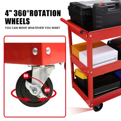 Heavy Duty 3 Tier Service Cart On Wheels With Locking Brakes, 400 Pound Capacity, close-up of caster and storage shelves.