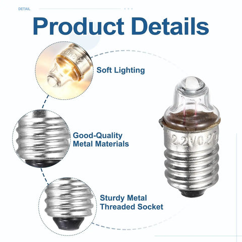 Killer 4 Pack E10 Miniature Screw Base Light Bulbs For Model Kits And Electronics 2.2 Volt Warm Yellow Glow 0.55 Watt Durable Glass showcasing bulb details.