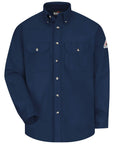 Men's Flame Resistant Work Shirt Cat2 Arc Rated Safety Gear NFPA 2112 Compliant Heavy Duty 7 Oz Cotton Blend Long Sleeve Button Up Uniform Top Navy Large Tall Front view with buttons and pockets.