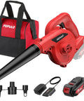 Compact 20V Cordless Mini Blower Kit With 150 MPH Air 62 CFM, shown with battery, charger, adapters, and bag