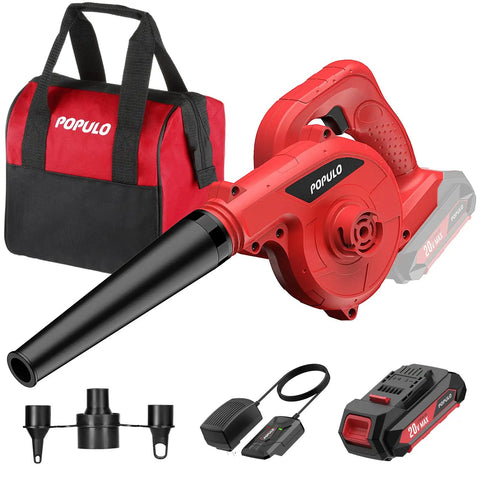 Compact 20V Cordless Mini Blower Kit With 150 MPH Air 62 CFM, shown with battery, charger, adapters, and bag