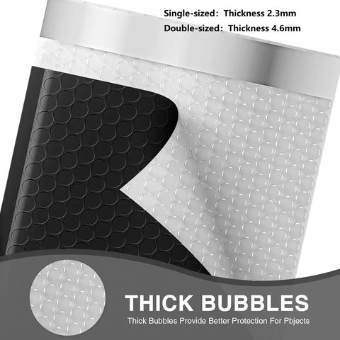 Black Bubble Mailers 6x10 Inch 100 Pack Padded Envelopes with 6x9 usable size showing thick bubble cushioning.