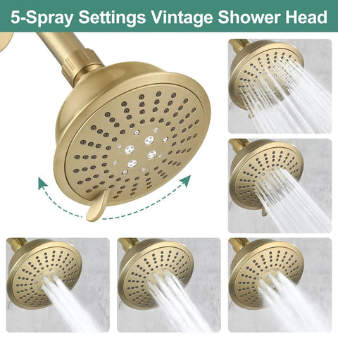5-spray shower head from Shower Faucet With Valve And 5 Spray Touch Clean Shower Head, Single Handle Trim Kit, showing different spray modes.