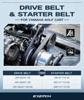 Close-up of drive belt and starter generator belt for Yamaha G16 G19 G22 G29 4-cycle 301cc 357cc engines; maintenance kit image