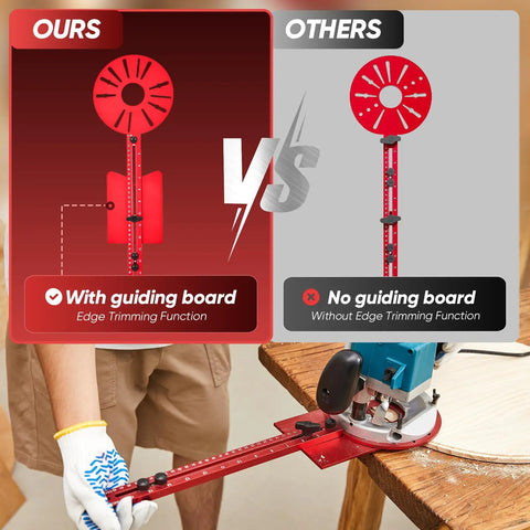 Comparison of Universal Router Milling Groove Bracket with guiding board vs without, showcasing edge trimming function.