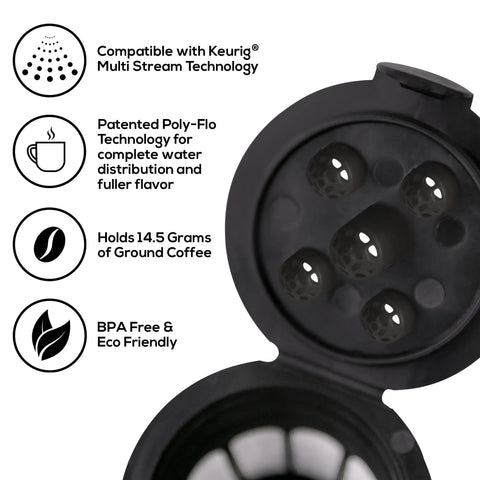 Cafe Supreme Reusable Coffee Filter Pod For Keurig Brewers So You Brew Like A Boss With Stainless Steel Mesh BPA Free Large 14.5g Capacity Easy To Clean Eco Friendly Alternative To Disposable Pods showing features and compatibility.
