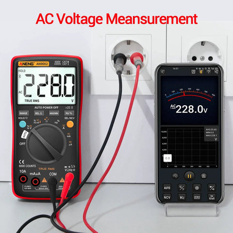 Bluetooth Digital Multimeter With Auto Range TRMS 6000 Counts measuring AC voltage with smartphone connectivity