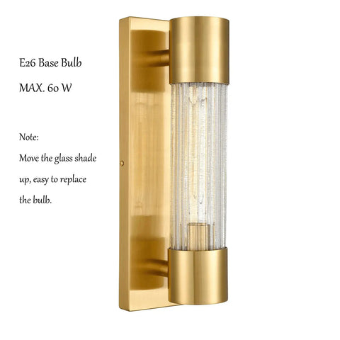 Modern Brass Wall Sconce Light with Crackle Glass Cylinder Shade for Bathroom Vanity, ETL Listed, Wall Mounted Fixture