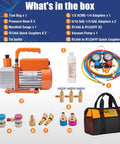 BACOENG R32 AC vacuum pump and gauge set; front view shows orange pump, hoses, adapters, oil bottle, and carrying bag