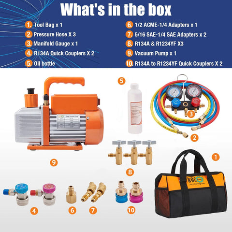 BACOENG R32 AC vacuum pump and gauge set; front view shows orange pump, hoses, adapters, oil bottle, and carrying bag