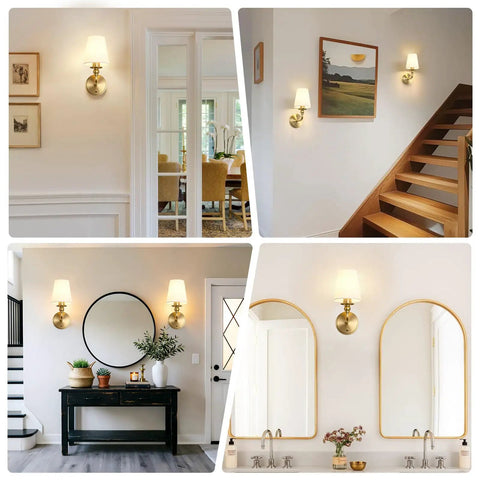 Onwecen Wall Sconces Set of 2, Modern Bathroom Light Fixtures, Brushed Gold showcased in various home settings.