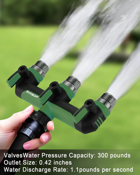 Heavy Duty Three Way Garden Hose Splitter With Shutoff Valve No Fuss And Three Quarter Inch GHT Threads Durable ABS With Metal Inlets And Outlets T Adapter Connector Outdoor Faucet Splitter Leak Free Easy To Use Green attached to hose, spraying three streams