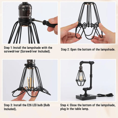 Industrial Table Lamp With Stepless Dimming Knob Control And Edison Pipe Design being assembled with steps shown