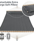 Portable Two Person Tree Hammock With Hardwood Spreader Bar And Extra Large Pillow For Indoor Outdoor Use In Gray Heavy Duty Quilted Polyester Hammock That Will Not Fade And Provides Cozy Comfort For Camping And Kick Back with detachable pillow, shown in close-up.