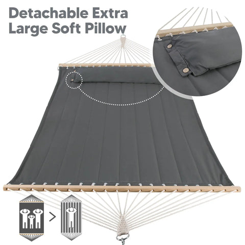 Portable Two Person Tree Hammock With Hardwood Spreader Bar And Extra Large Pillow For Indoor Outdoor Use In Gray Heavy Duty Quilted Polyester Hammock That Will Not Fade And Provides Cozy Comfort For Camping And Kick Back with detachable pillow, shown in close-up.