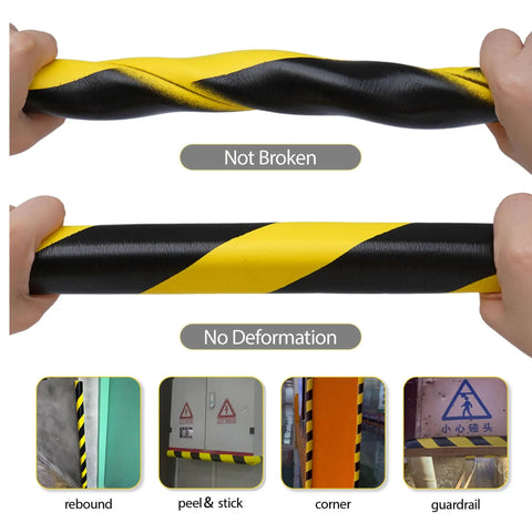 Hella Durable Foam Wall Corner Guards 197 Inches Yellow Black Stripes Heavy Duty Impact Resistant Pads shown being flexible and durable.
