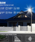 LED Parking Lot Light With Photocell, 19000 Lumens Shoebox Pole Fixture, illuminating a suburban street, IP65, 5700K, UL listed.