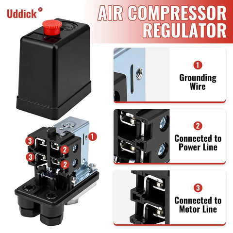 Adjustable 90-120 PSI Air Compressor Pressure Switch Valve With 0-180 PSI Gauge And Vertical Manifold Regulator