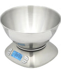 Stainless Steel Digital Kitchen Scale With Bowl For Food And Coffee Lab LCD Display No Fuss Five Easy Unit Modes Grams Ounces Pounds Milliliters Fluid Ounces One Gram To One Tenth Ounce Increments Tare Function Battery Included Silver