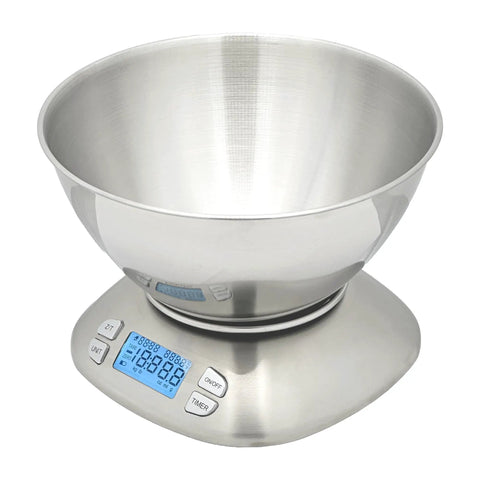 Stainless Steel Digital Kitchen Scale With Bowl For Food And Coffee Lab LCD Display No Fuss Five Easy Unit Modes Grams Ounces Pounds Milliliters Fluid Ounces One Gram To One Tenth Ounce Increments Tare Function Battery Included Silver