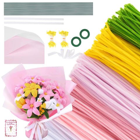 Pipe Cleaners Craft Kit With 600 Pieces In 6 Vibrant Colors Chenille Stems, floral wires, tape, stamens, and wrapping paper