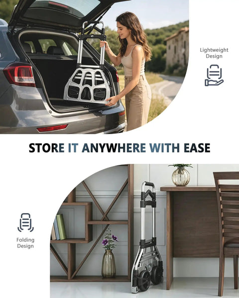 Heavy Duty Folding Hand Truck With Slick Telescoping Handle And Smooth Rolling Wheels Zero Fuss Portable Dolly Cart in car trunk.