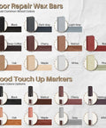 No Hassle Wood Floor And Furniture Repair Kit With Heat Acting Wax Pen Plus Eleven Rich Match Shades display of wax bars and touch up markers.