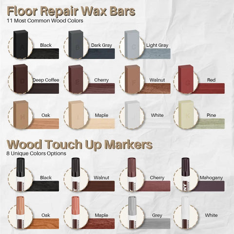 No Hassle Wood Floor And Furniture Repair Kit With Heat Acting Wax Pen Plus Eleven Rich Match Shades display of wax bars and touch up markers.