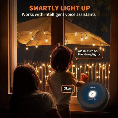 Smart Outdoor Patio Lights 50 Foot String Lights With 25 Dimmable G40 Globe Bulbs No Fuss App Control Alexa and Google Assistant Ready Waterproof LED Backyard Lighting For Patios Decks And More displayed with children inside