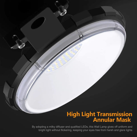 Close-up of the Two Pack 100W LED Barn Light With Dusk To Dawn Sensor, 12000 Lumens, showcasing light transmission and LED design.