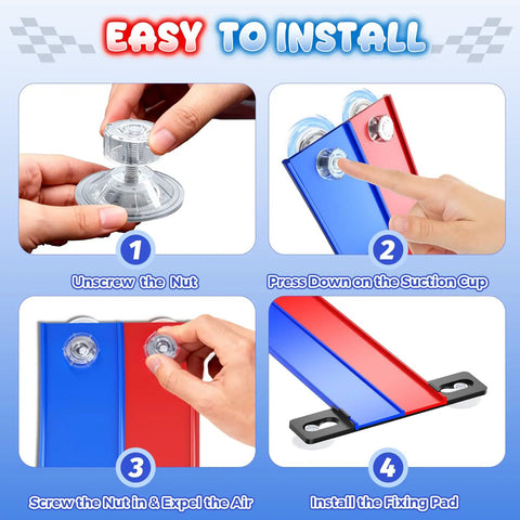 Installation steps for Double Sided Flexible Race Track With Strong Suction Cups For Wall Or Window Use 1 64th Diecast Cars Portable Roll Up DIY Track Set For Kids 3 Plus Dual Lanes For Epic Duels 16 Feet.
