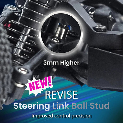Close-up of Speck B Elite Brushless 1 By 24 2WD Mini RC Car RTR Buggy steering link ball stud labeled 3mm higher.