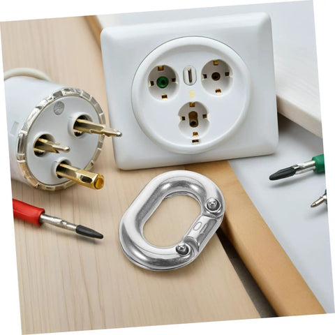 Heavy Duty Stainless Steel Chain Link Connector With Hassle Free Quick Connect Coupler placed near tools and an electrical outlet.