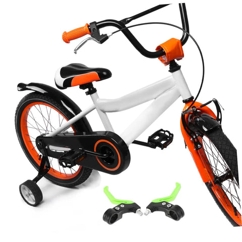 Kid Friendly Bicycle Brake Levers 1 Pair Universal Fit For Disc Brakes on white and orange kid's bike with training wheels.