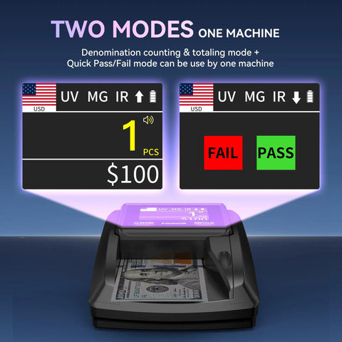 AL 135T Counterfeit Bill Detector Money Checker With Three Inch Digital Screen showing pass fail indicators and USD