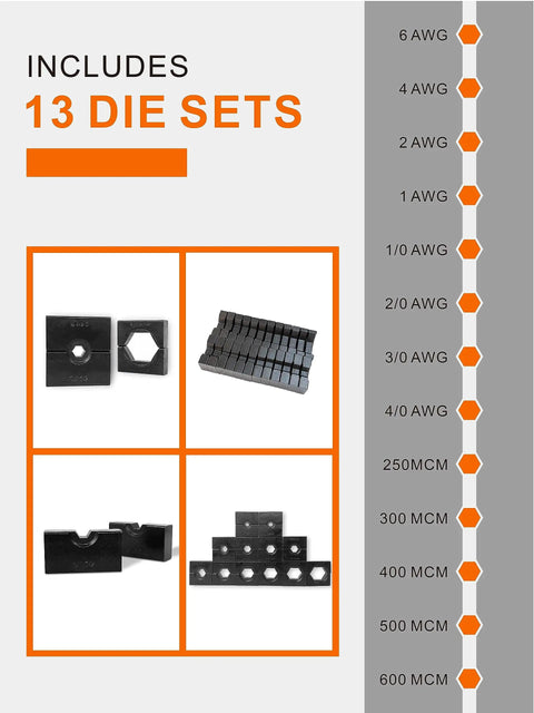 Hydraulic Wire Rope Crimping Tool Kit With 9 Die Sets For 12 AWG To 2/0 AWG Cables And 1/8 Inch Stainless Steel Rope, die set details.