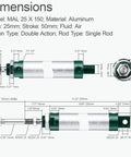 Dimensions diagram of Premium Pneumatic Air Cylinder 25mm Bore 150mm Stroke Double Acting Single Rod Aluminum Alloy Mini Cylinder MAL 25 X 150