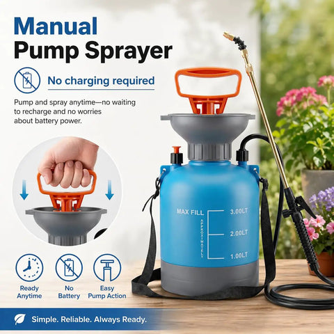 Manual pump sprayer with 3L capacity, adjustable nozzle, padded straps, designed for easy watering without a ladder for hanging baskets.