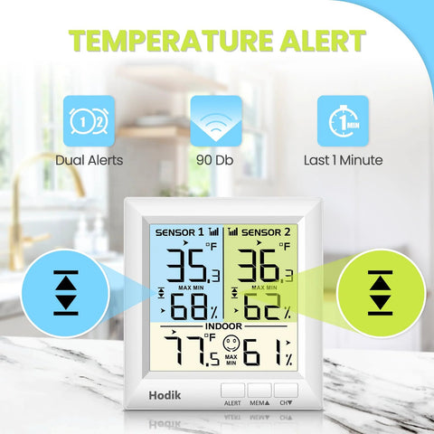 Hodik dual-sensor wireless kitchen thermometer with alarm; front view shows white digital display with two sensors.
