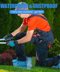Gardener wearing Stretchable Disposable Shoe Covers Grippy No Slip Booties, blue, outdoor work, waterproof, kneeling on grass